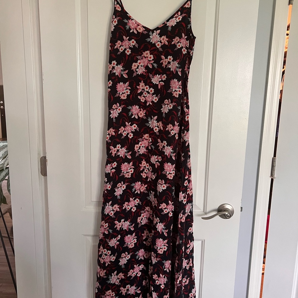 LOFT Zinnia Floral Navy and Pink Maxi Dress with Side Slits